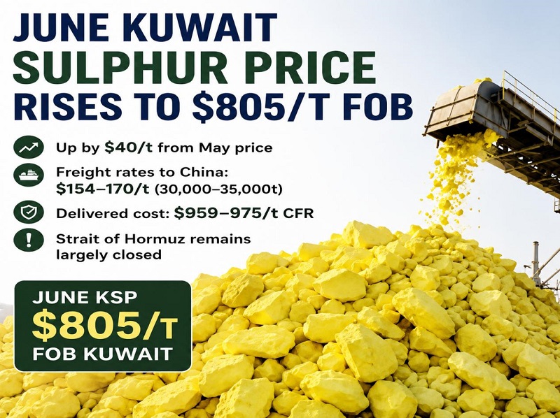 KPC del Kuwait aumenta il prezzo di offerta FOB dello zolfo di giugno a 805 dollari per tonnellata